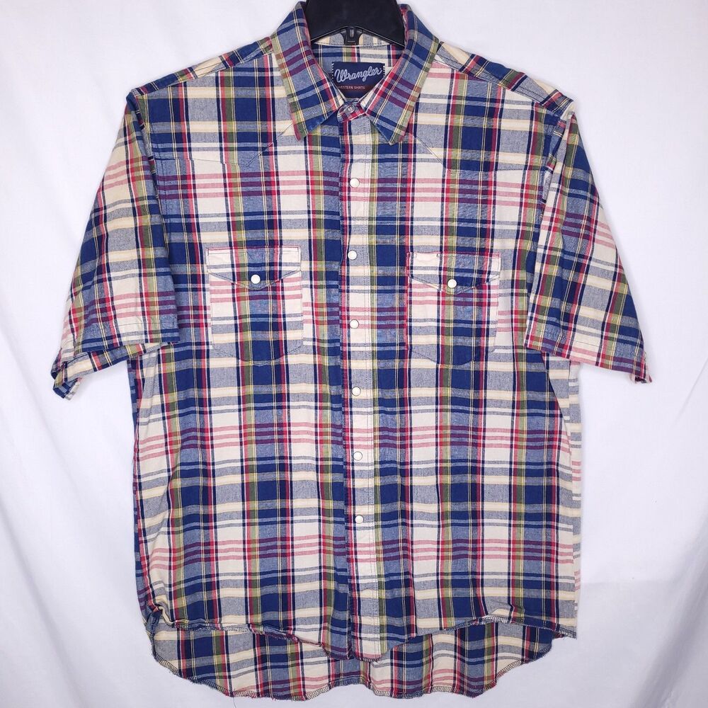 Wrangler Western Shirt Mens Large Plaid Pearl Snap Red, Blue, White